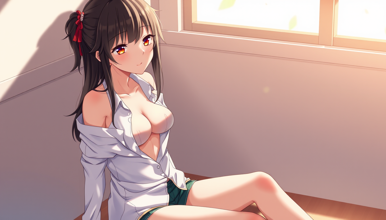 Main art studio: A super hot ai anime girl sitting down with her shirt off