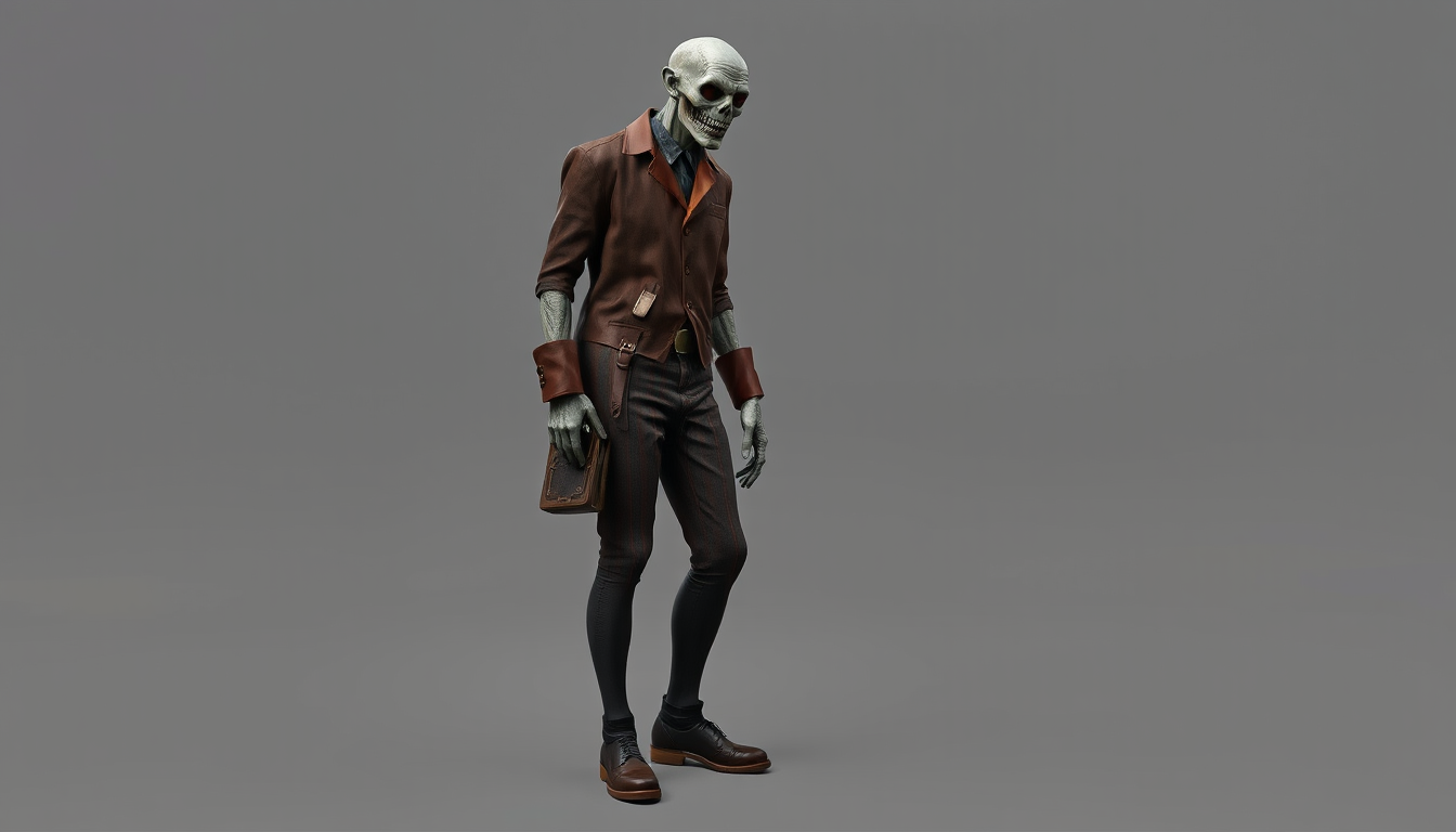 Main art studio: full length photo. ghoul from. Fallout universe. dressed in 1950s clothing. concept art. male. 12 clothing options