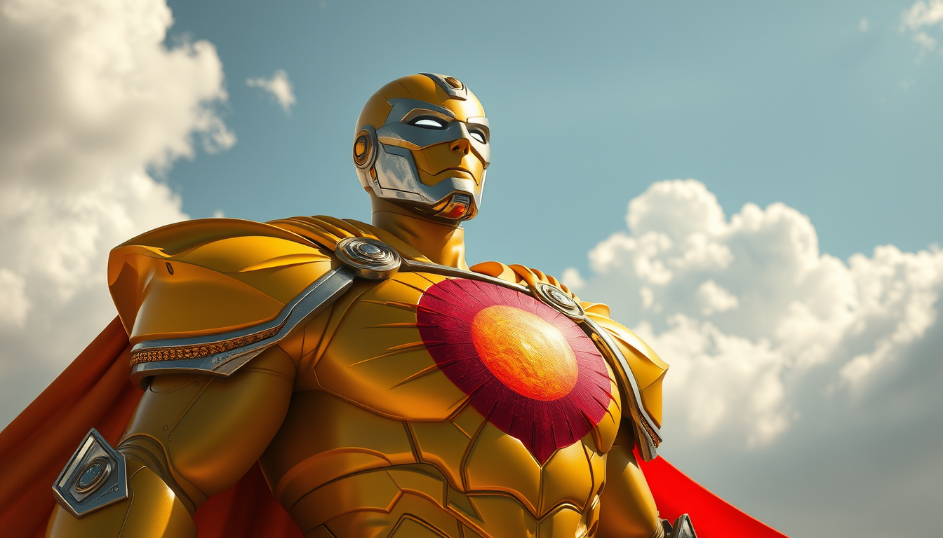 Main art studio: un super héros dans une armure géante jaune avec un vrai soleil rouge sur le torse