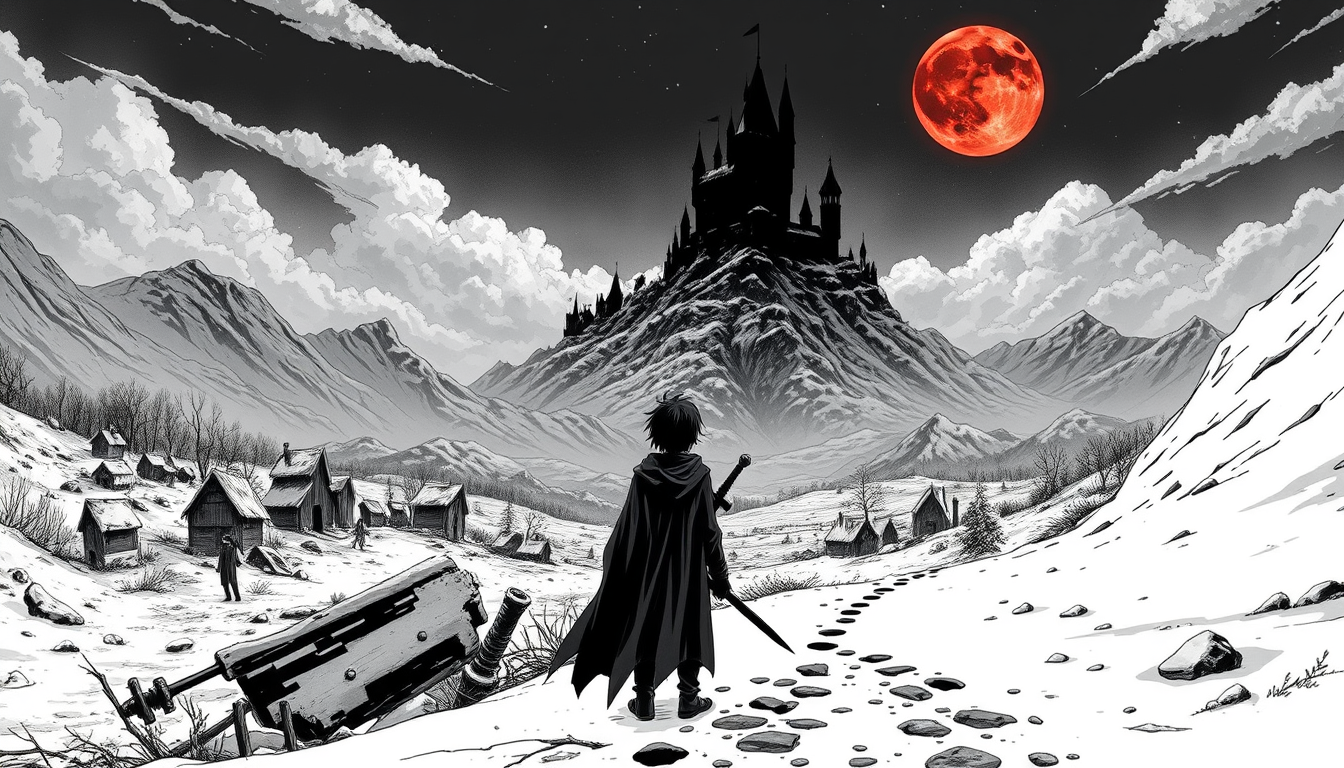 Main art studio: Black-and-white manga, full-page splash, dark fantasy. A vast frozen kingdom covered in snow, dead forests, ruined villages, broken statues half-burie