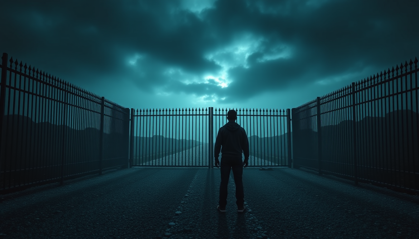 Main art studio: create a wallpaper that says a million miles to go with a man standing far away from a big gate and no body is there except him. Make it a little gloo