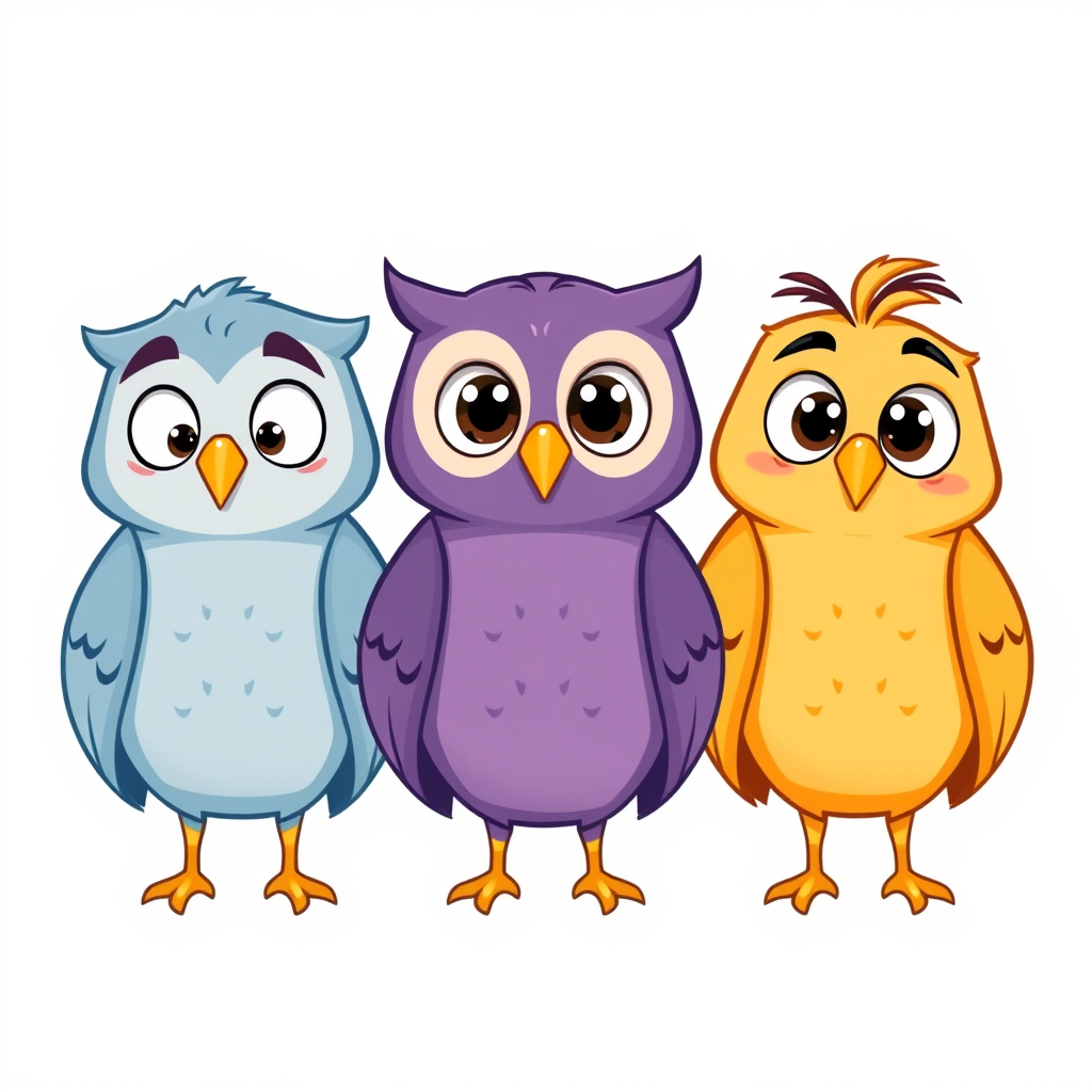 Main art studio: Exactly three cute cartoon owls with identical beak shape and size. All eyes fully open, lively and clearly visible. Left blue-gray: body forward, hea