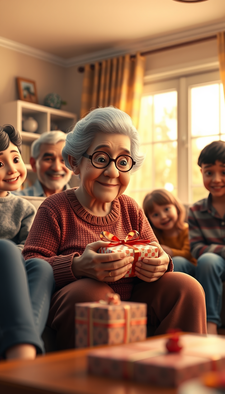 Main art studio: Grandma Opens the GiftWritingAn elderly American grandmother sitting in her cozy living room and carefully opening a small wrapped birthday gift, her