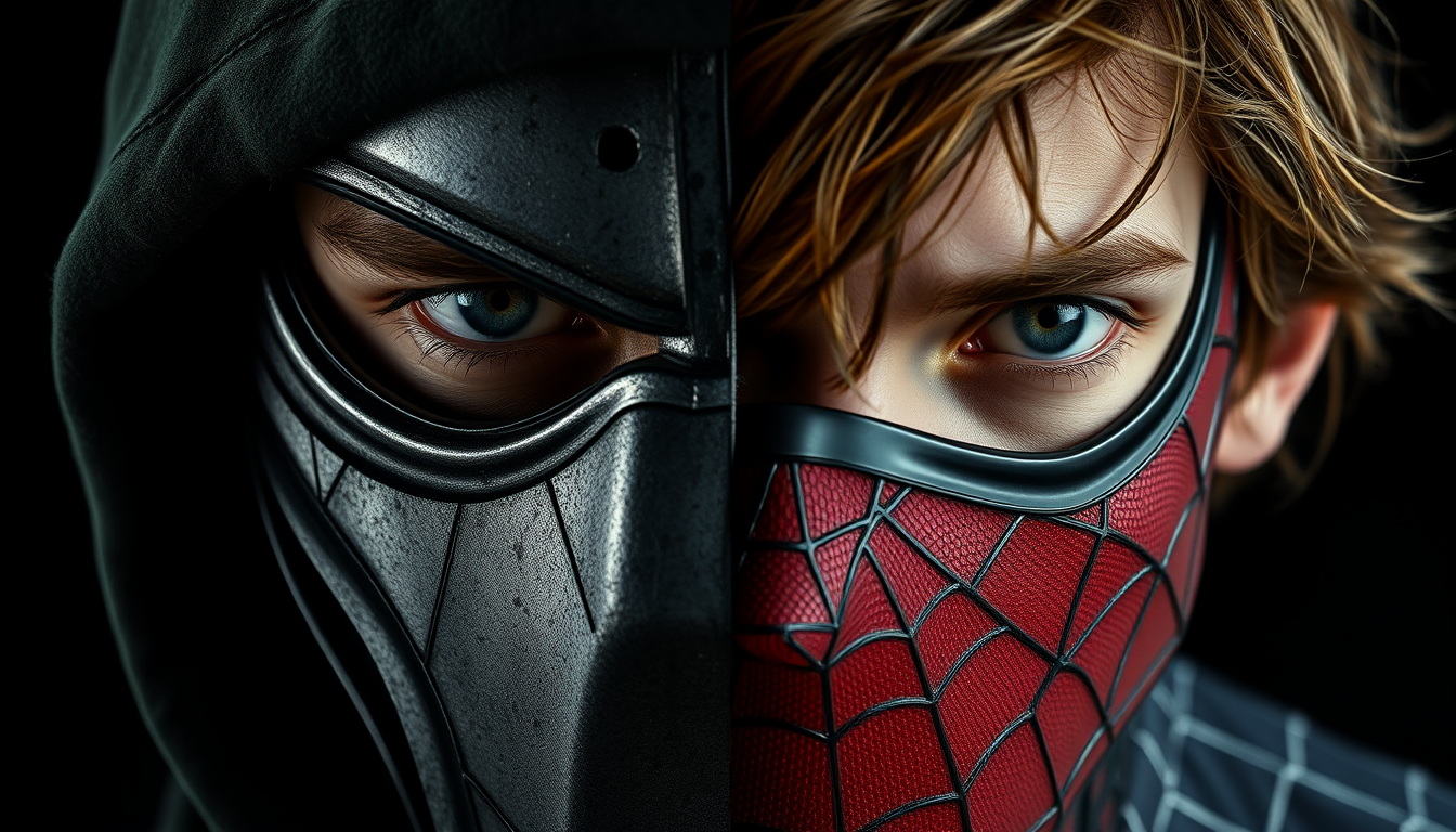 Main art studio: Photorealistic live-action movie still, extreme close-up of a split male face: left, weathered silver metal mask and dark green hood; right, Andrew Ga
