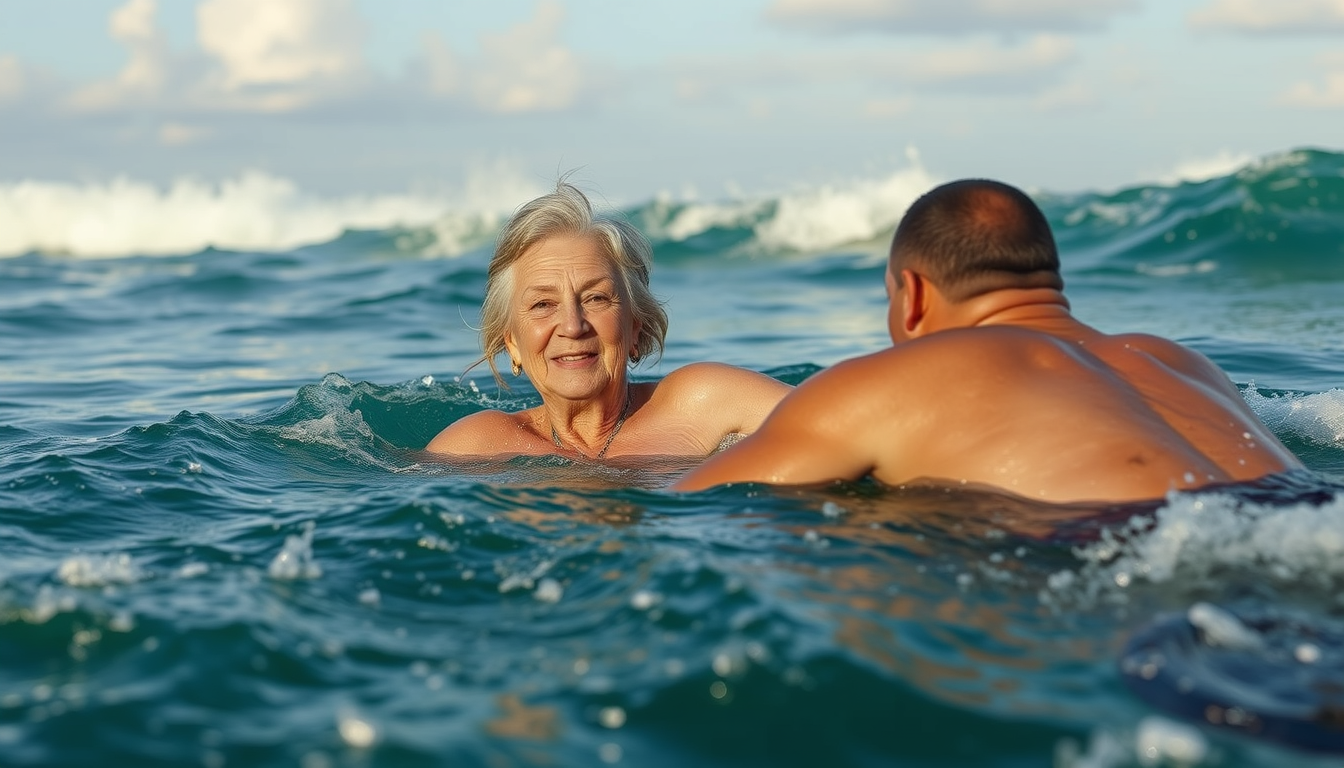 Main art studio: Erstelle ein Comic-Bild: "Ältere Frau schwimmt im Meer mit den großen Weißwasser-Wellen und begegnet dabei einer schwimmenden Robbe"