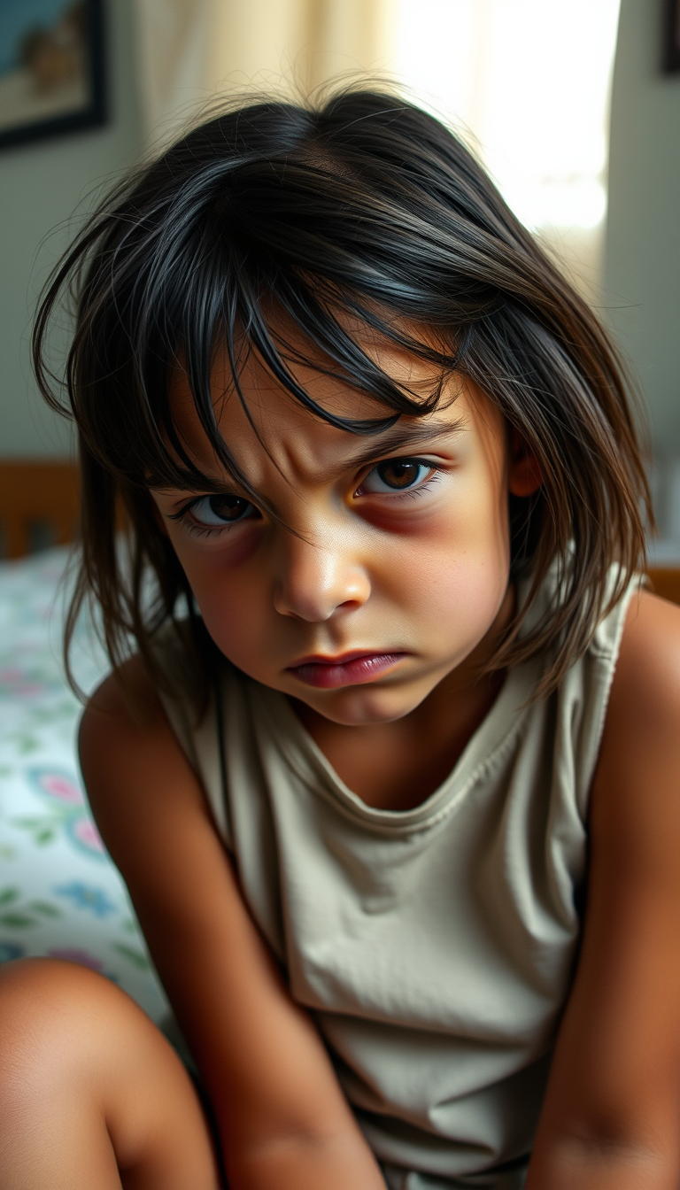 Main art studio: dark tanned 10 year old with girl dark brown hair sitting in a bedroom, head tilted down, very angry and wrinkly, many wrinkles, wrinkled nose