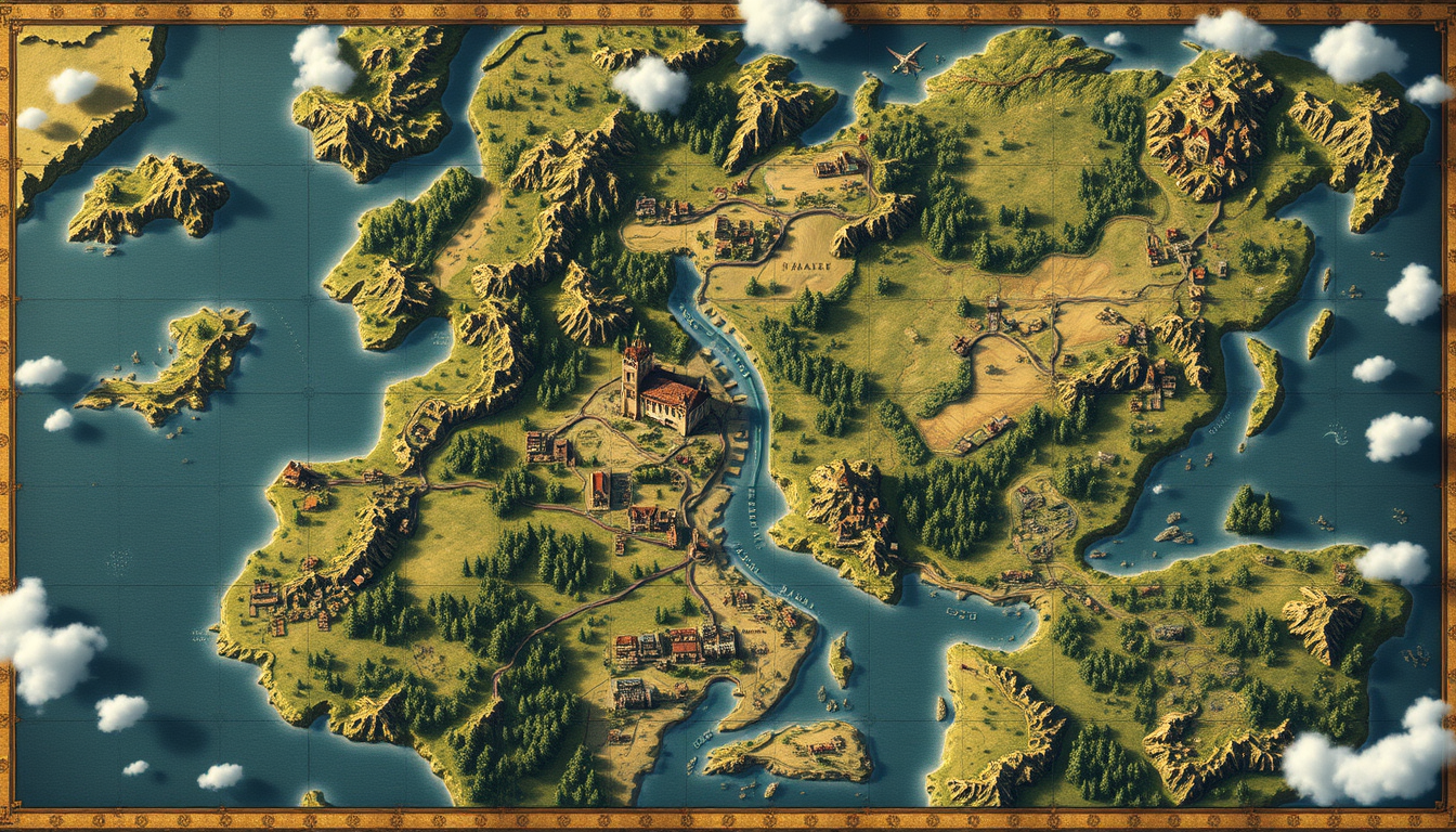 Fantasy Maps idea: a readable fictional world map with coherent coastlines, terrain regions, routes, and landmarks, deliberate composition, A large medieval battlefield