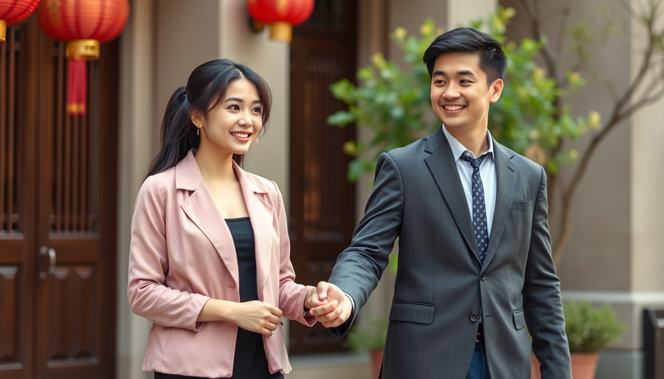 Main art studio: Depict a beautiful Chinese woman holding hands with a Chinese man. Make them look young—the man handsome like a CEO, and the woman beautiful like a yo