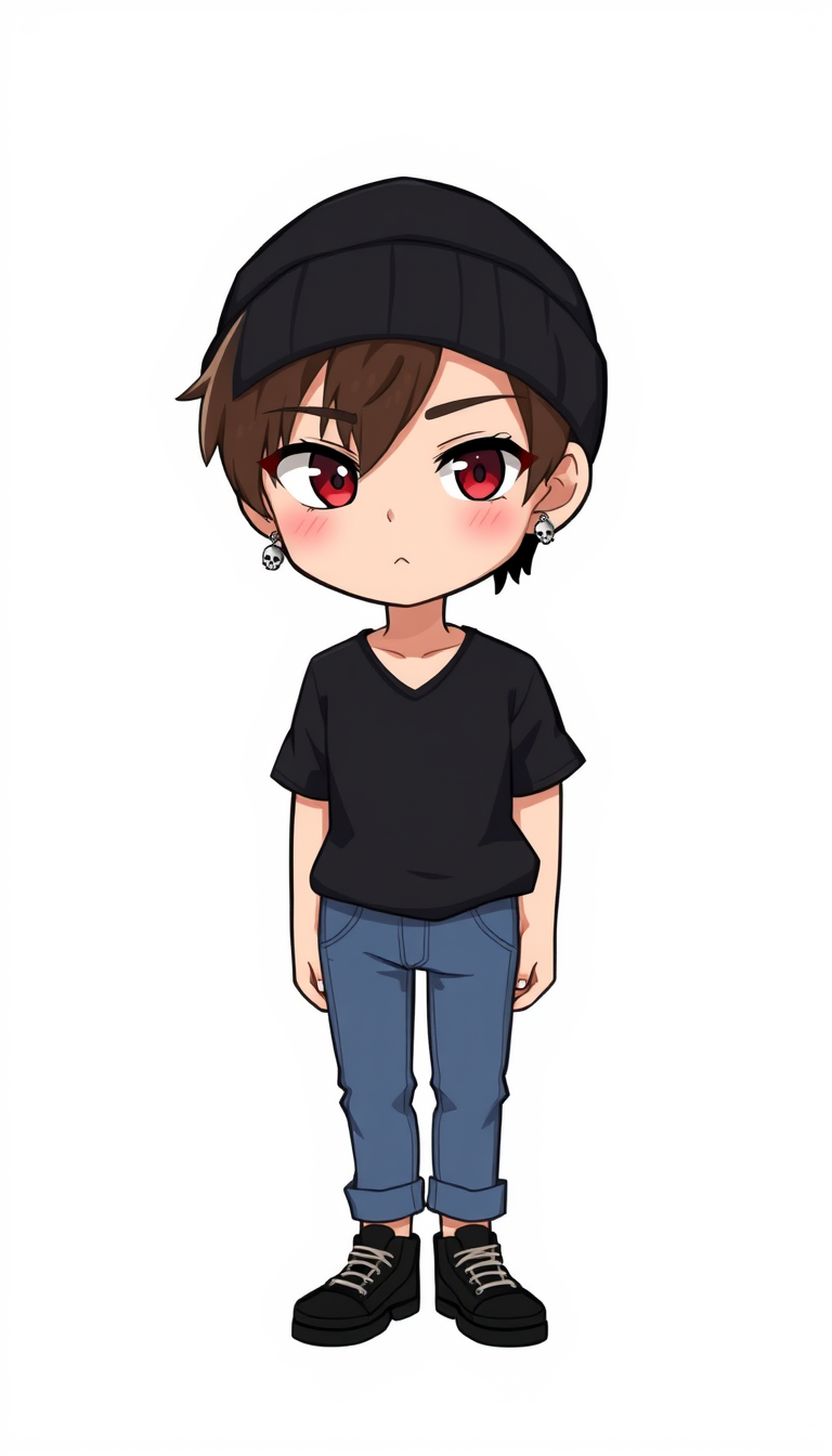 VTuber idea: vtuber avatar character, anime style, expressive face, streaming-ready design, male character, slightly feminine. dark brown hair, black shirt with a