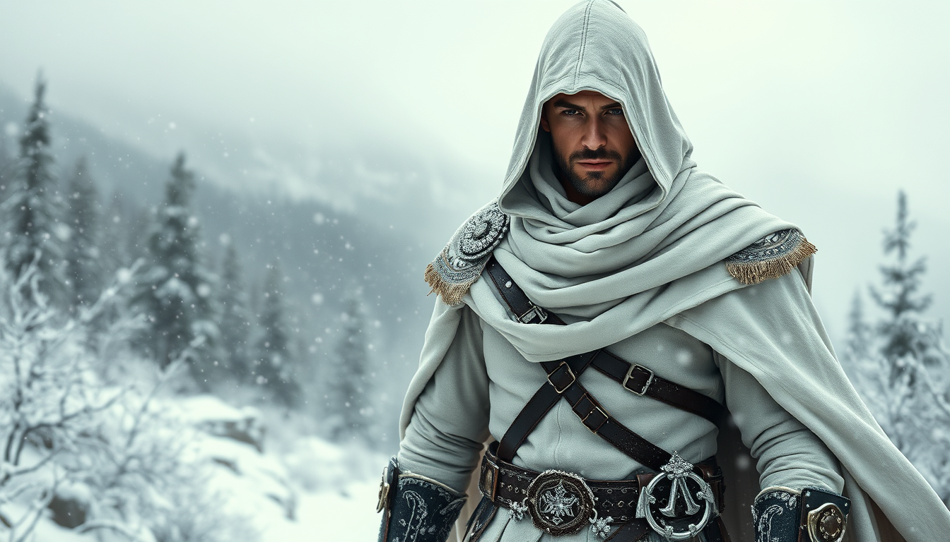Main art studio: Geheimnisvoller männlicher Assassine in einer verschneiten Winterlandschaft, inspiriert von mittelalterlichen Parkour-Assassinen. Elegante komplett we