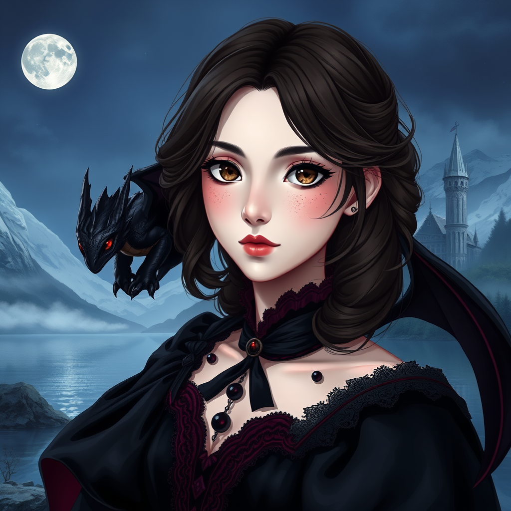 Main art studio: Semi-realistic anime dark fantasy portrait of a young adult woman with very pale, cool porcelain skin, a soft rounded face, large expressive brown eye