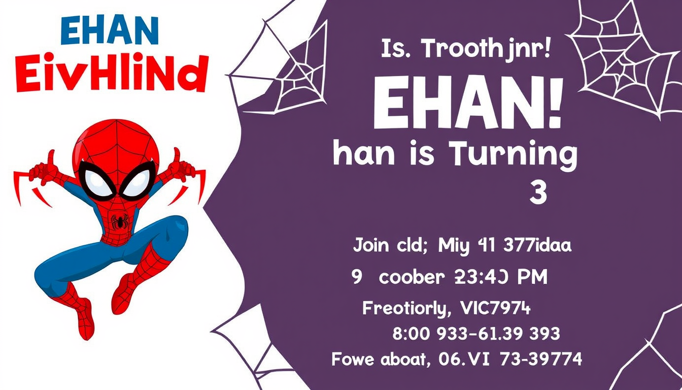 AI Art prompt example created from the prompt: Cute Spider-Man inspired 3rd birthday invitation for Ehan red and blue theme with spider webs and superhero city background Text: Ehan is Tu