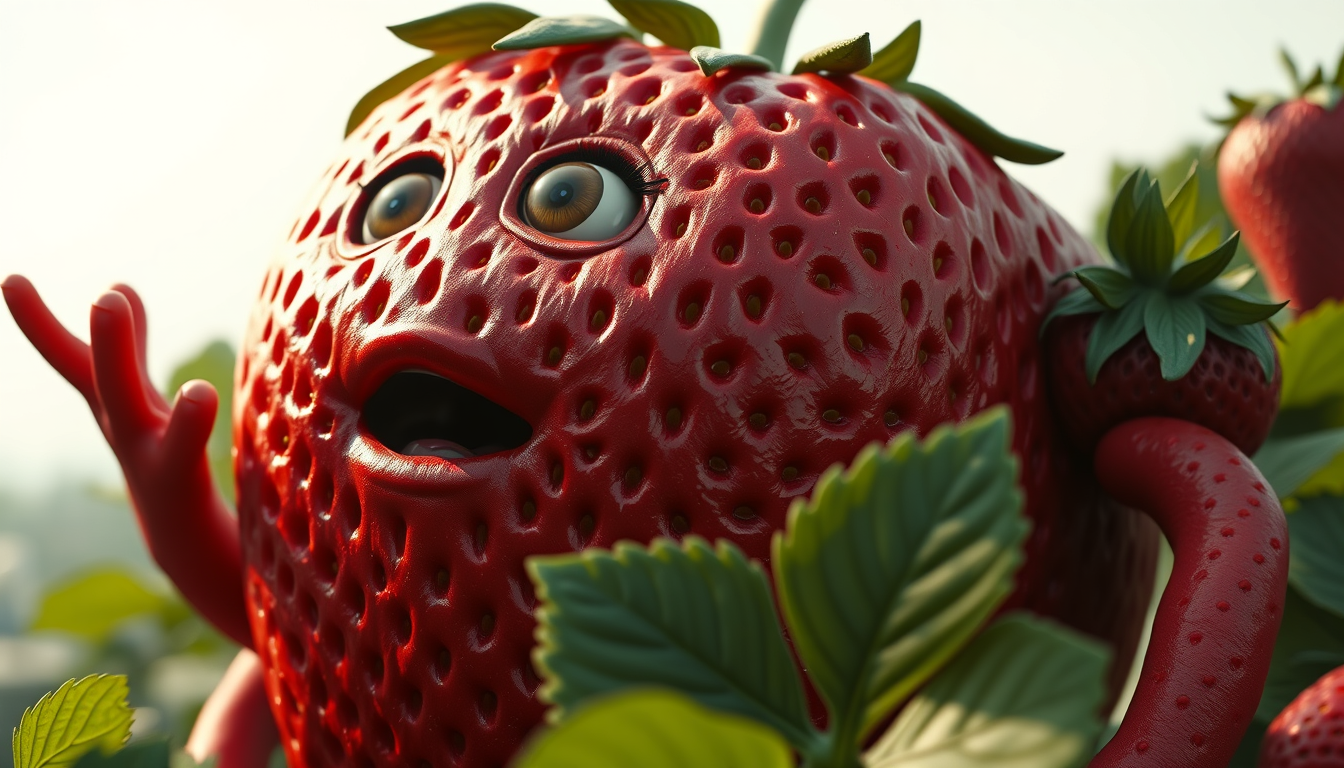 AI Art prompt example created from the prompt: A giant realistic strawberry, human-sized, with realistic eyes, mouth, arms and legs, photorealistic, cinematic lighting, vertical 9:16
