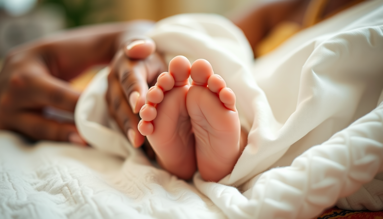 Main art studio: Close-up of adorable tiny baby feet resting on a soft white blanket, mother gently touching the baby's feet with affection, warm cozy lighting, beauti