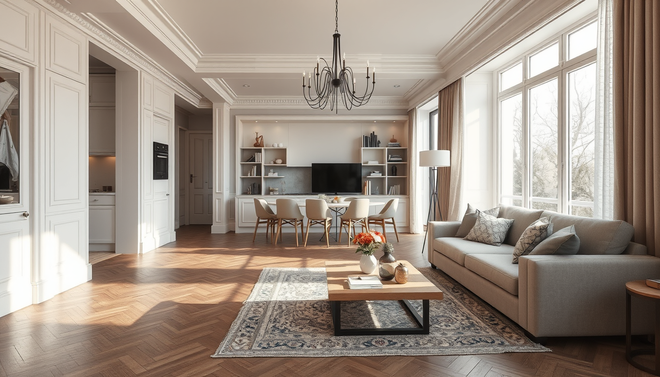 Main art studio: Devo arredare casa. Vorrei uno stile classico moderno più suo classico con toni neutri, parque legno scuro. La stanza sarà un open space di 35mq che s