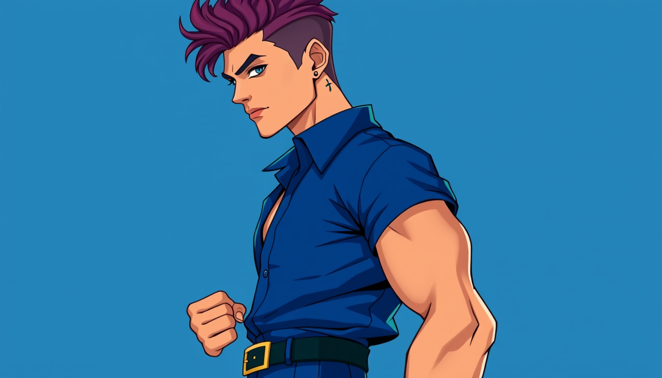 Characters idea: an original character defined by silhouette, role, outfit, palette, and expression, deliberate composition, A 6'2 ft tall guy with rusty- purple hair,
