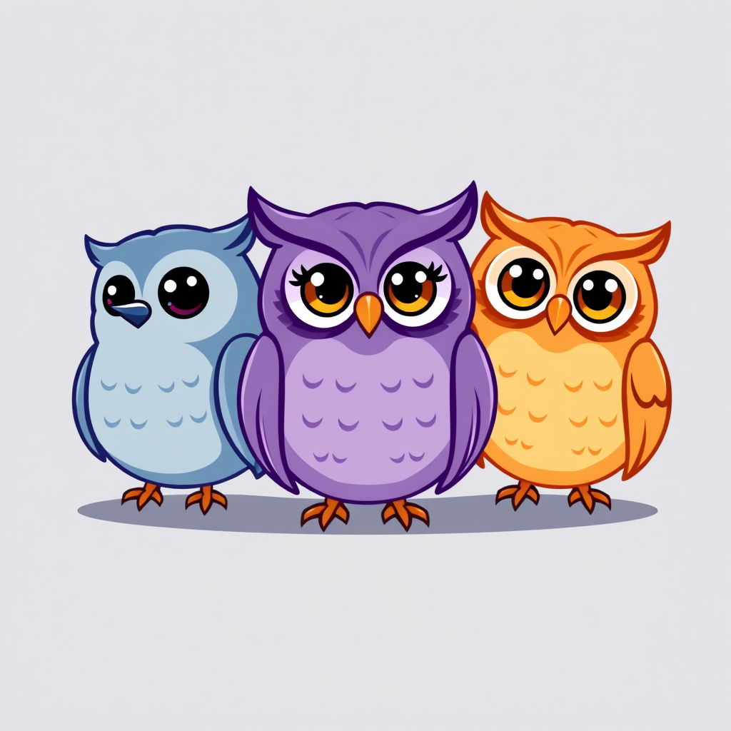 Main art studio: Professional mascot logo for a modern university study app. Exactly three charming owl characters side by side. Left owl is blue-gray, looking slightl