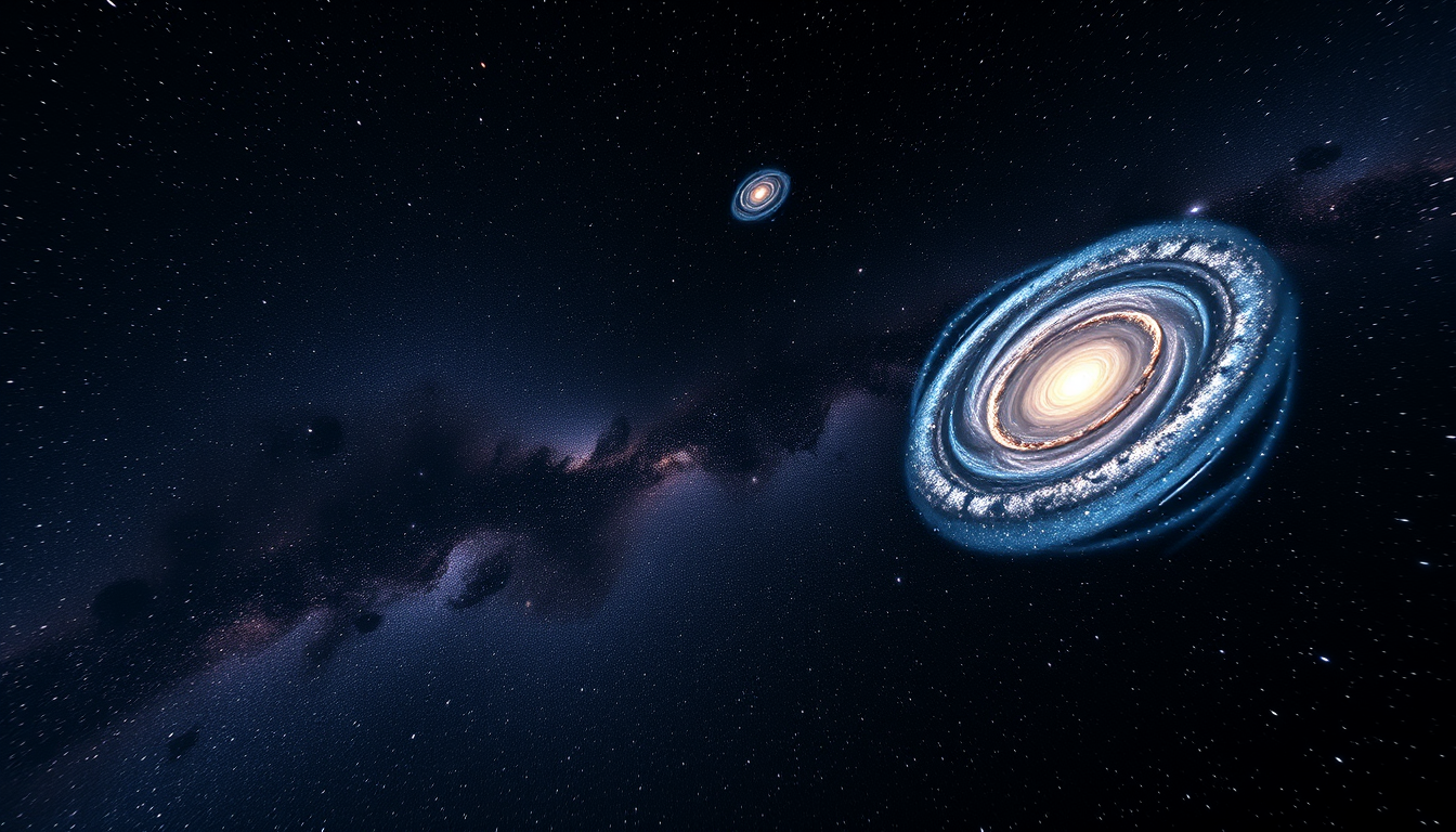 Main art studio: Photorealistic cinematic view of the present-day Universe from deep space, countless realistic spiral and elliptical galaxies scattered across vast da