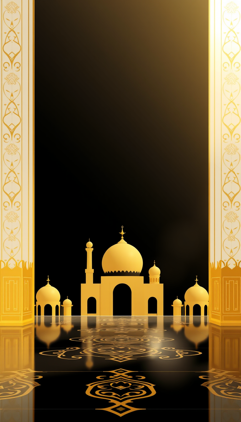 Main art studio: Minimalist Islamic background, black and gold color palette, elegant geometric Islamic patterns, soft glowing light, luxurious, clean composition with