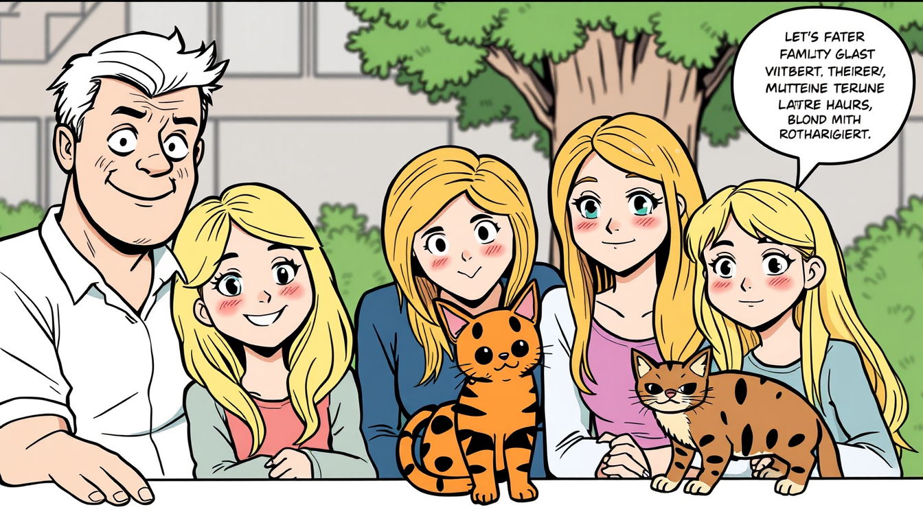 Main art studio: Familie als Comic. Erste Person Vater mit Glatze und Bart. Zweite Person Mutter blonde Haare. Dritter Person Tochter braune lange Haare. Vierte Person