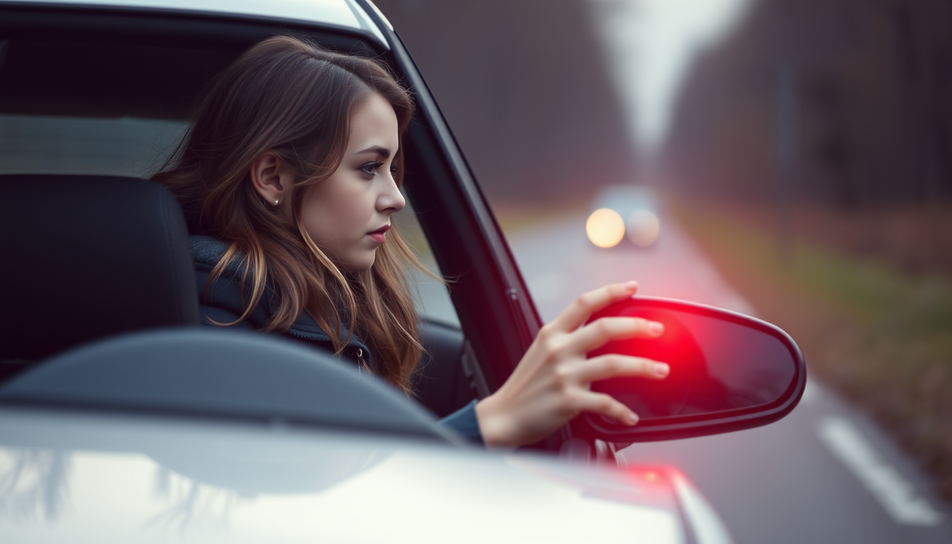 Main art studio: a young russian woman around 18 years old hitchhiking seeing a car stops