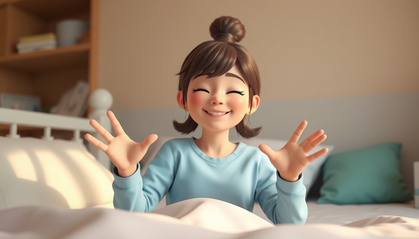 Main art studio: A 18 year old girl smiling so brightly with her eyes closed sitting in her bed her hands doing a pose make a 3D character