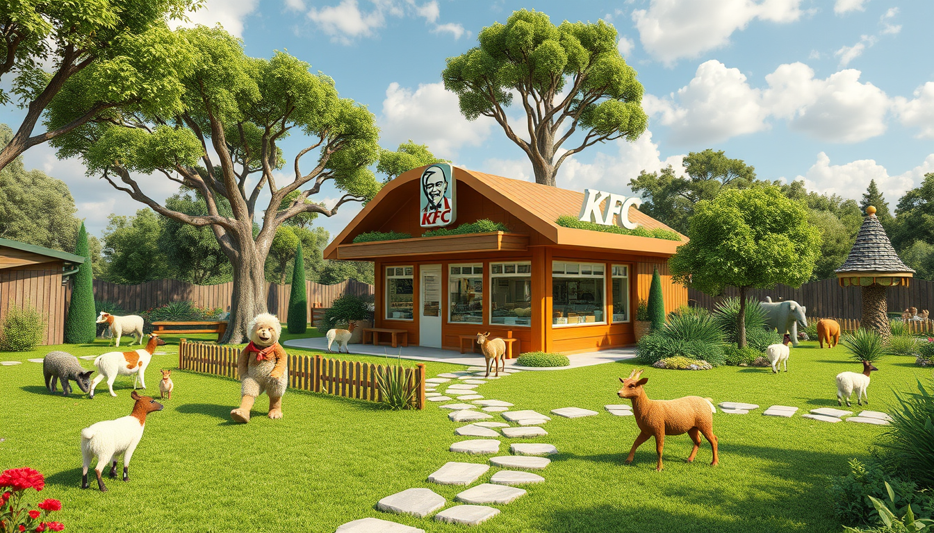Main art studio: generate an image of a kfc zoo where it is enviromentally friendly and there are kfc shops