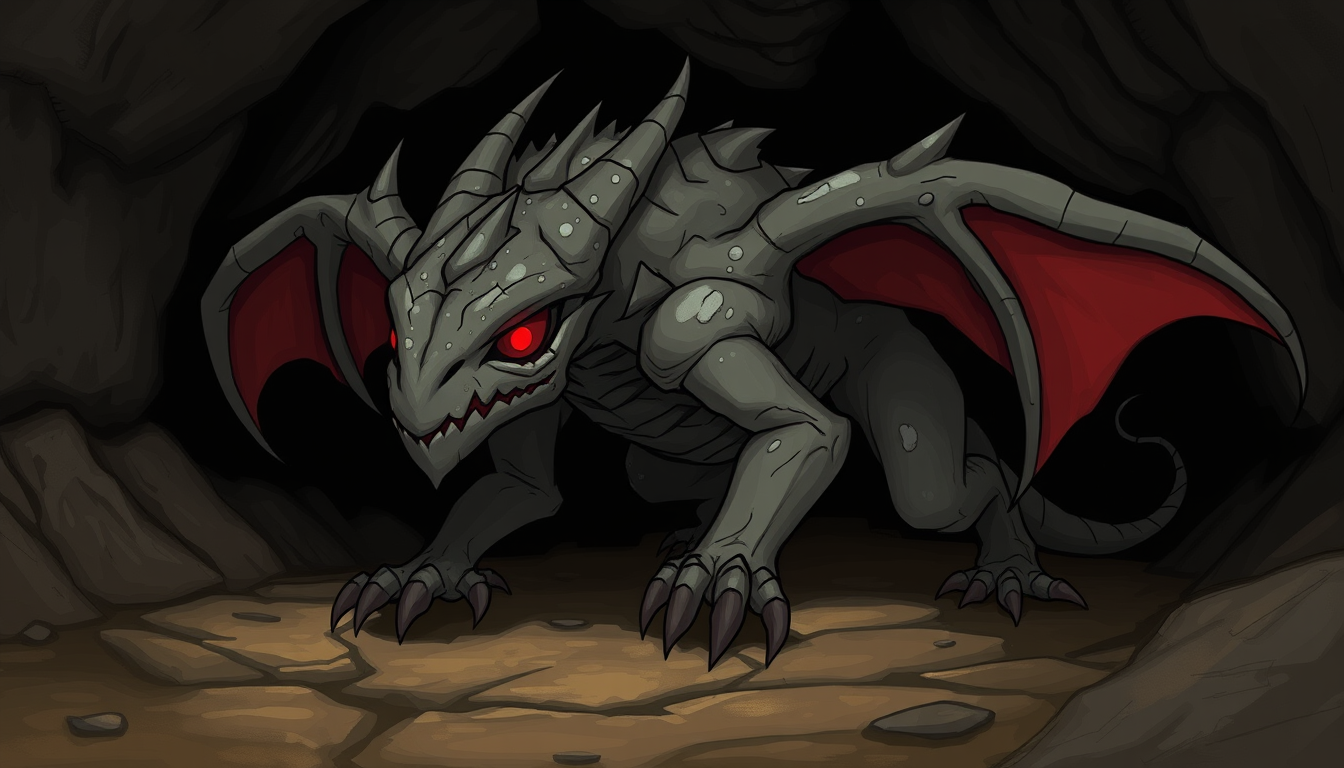 Main art studio: draw a cave creature that comes from mandragosa(not mandragora) which has evil eyes and dark theme. with no wings and eyes in red veins