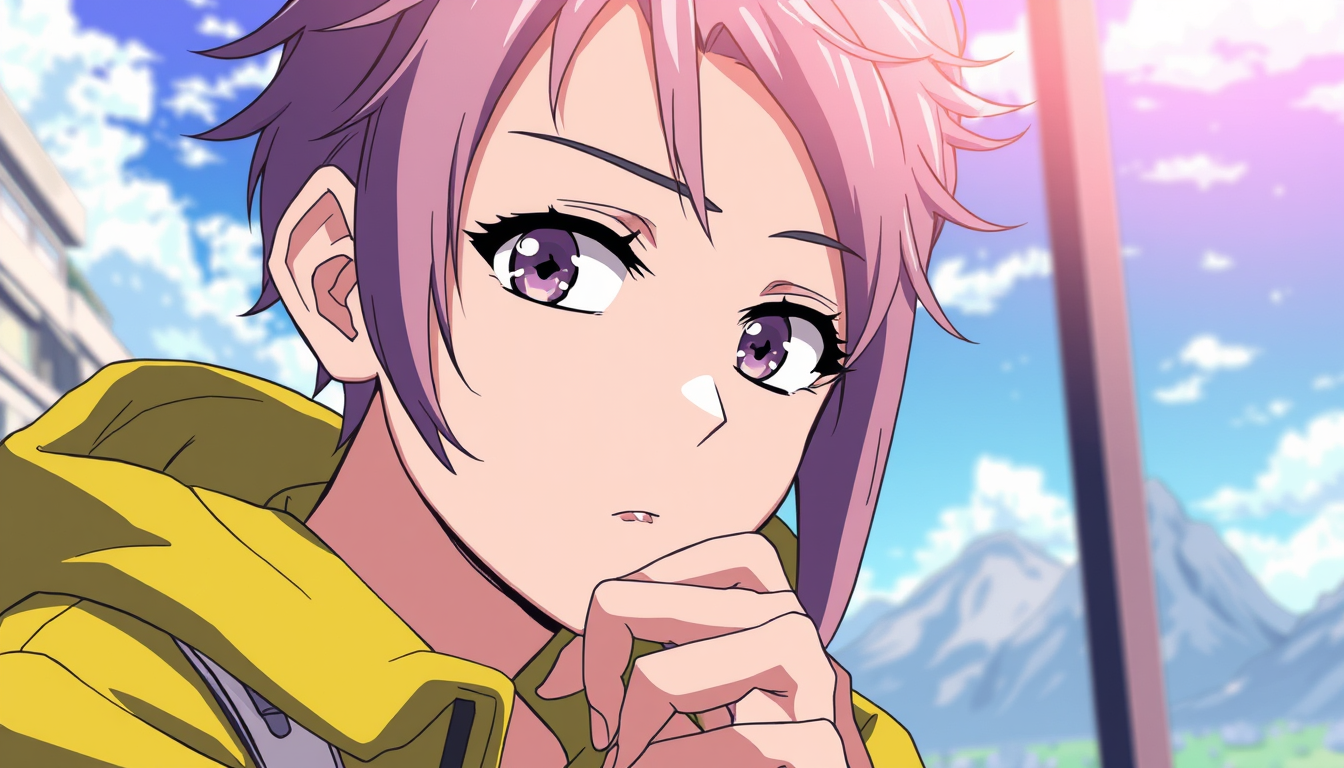 Anime idea: anime style, vibrant colors, expressive eyes, Dessine quelqu'un qui se touche monton en mode réflexion avec une main de face en mode mangas sans trame
