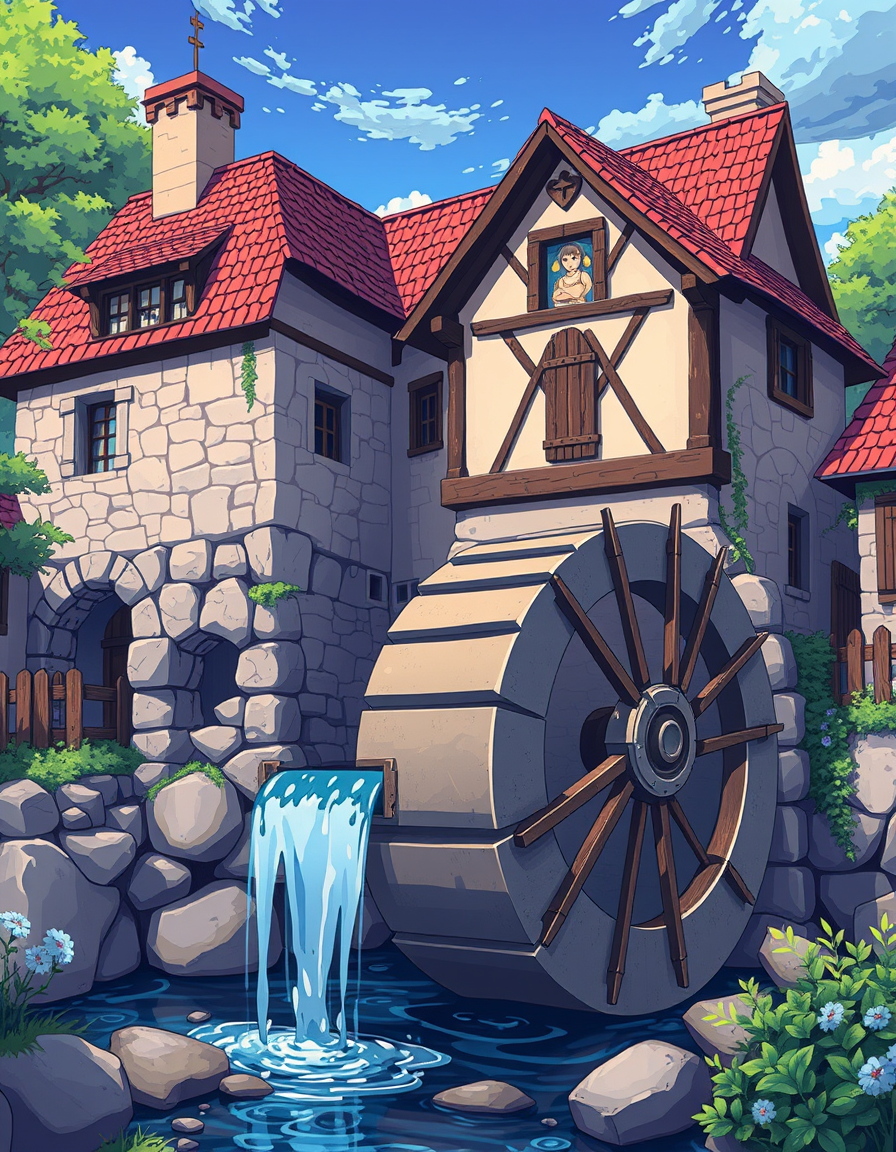 Anime idea: anime style, vibrant colors, expressive eyes, create a medieval waterwheel mill building with simple Toon cel-shaded artstyle , detailed anime illustr