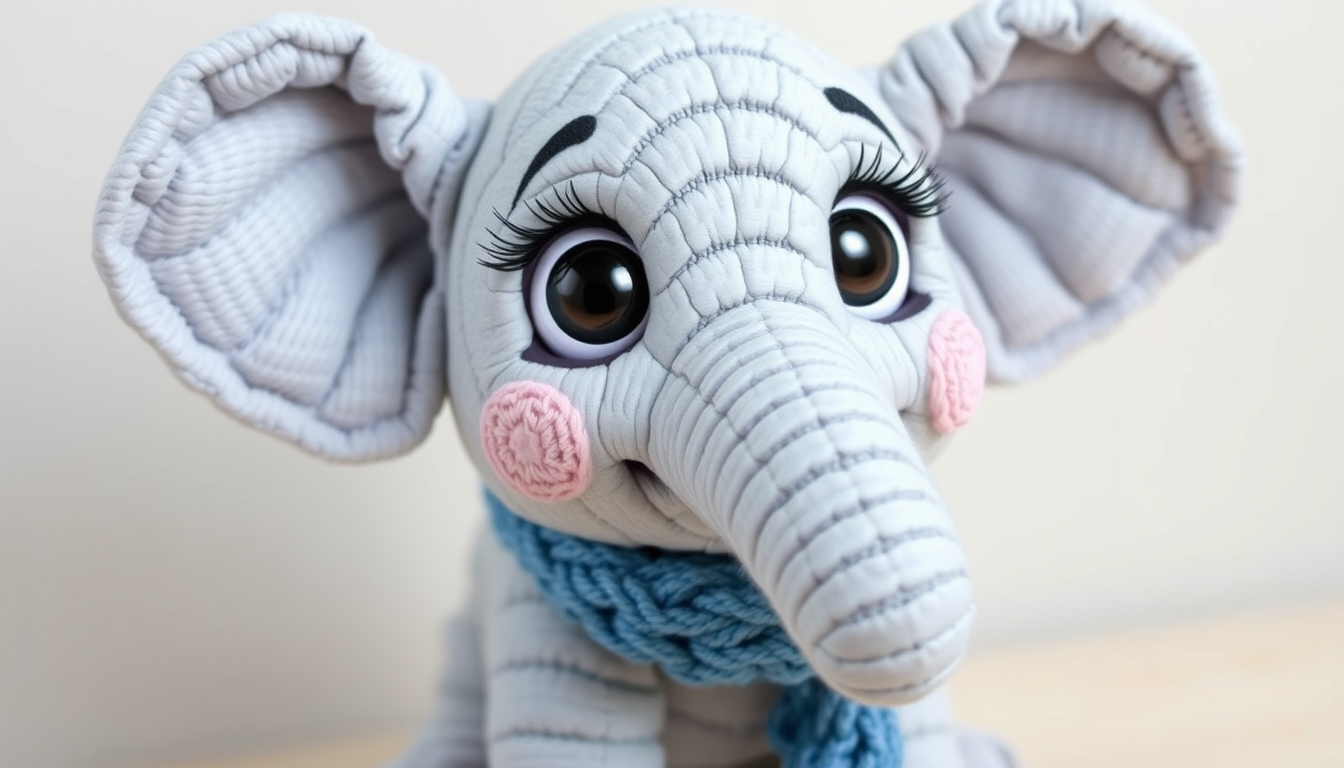 Main art studio: Ellie — a cute baby elephant with light-gray wrinkled skin, oversized floppy ears, big friendly round eyes with long lashes, a short curled trunk, and