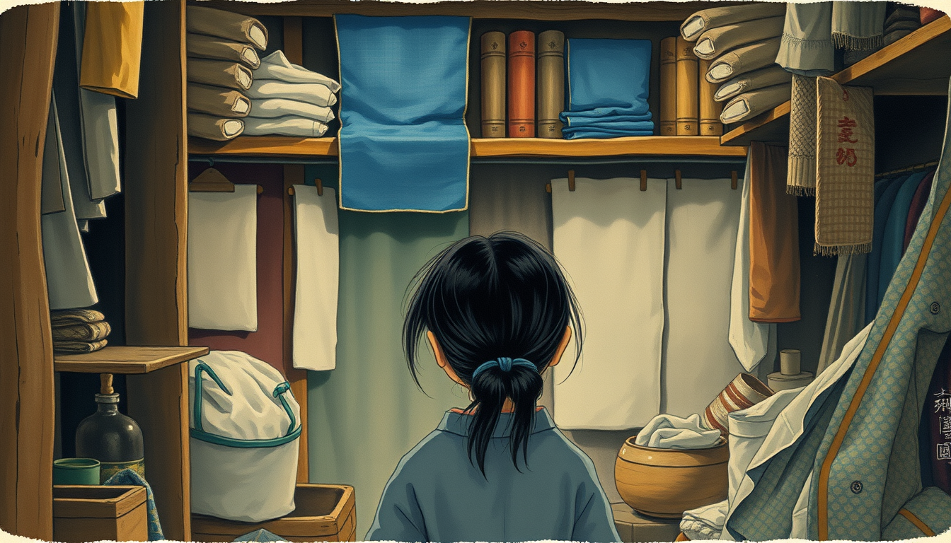 Main art studio: Little Japanese girl with her hair tied up, inside the old ramshackle shop looking up at the blue fabric way up high on a dusty shelf, barely visible 