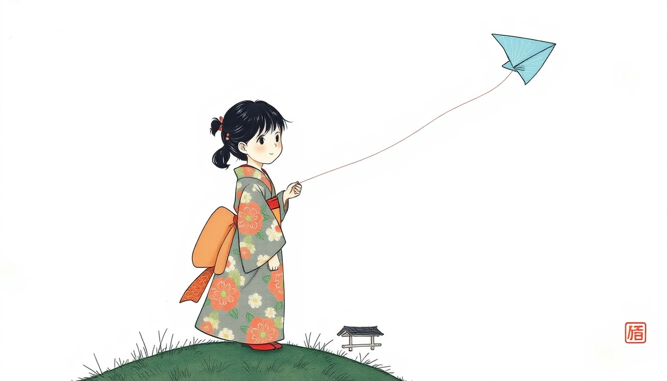 Main art studio: Little Japanese girl in a long flowered kimono is standing on the top of a hill above her home, and the light blue kite she is flying is sprouting win