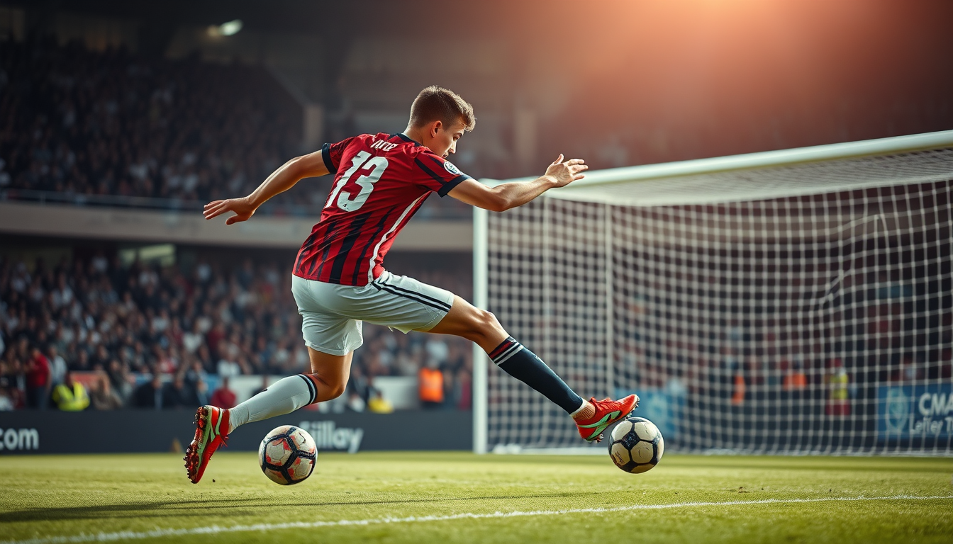 Main art studio: crie uma imagem de um jogador de futebol batendo o penalti no jogo de futebol com a imagem de frente com o juiz batendo no jogador
