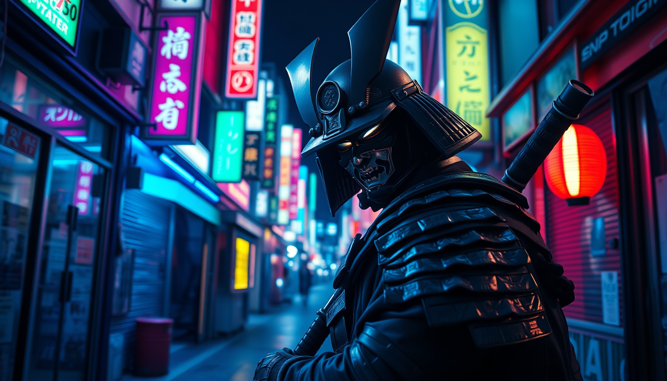 Main art studio: cyberpunk samurai in neon-soaked Tokyo alley, 4k, cinematic