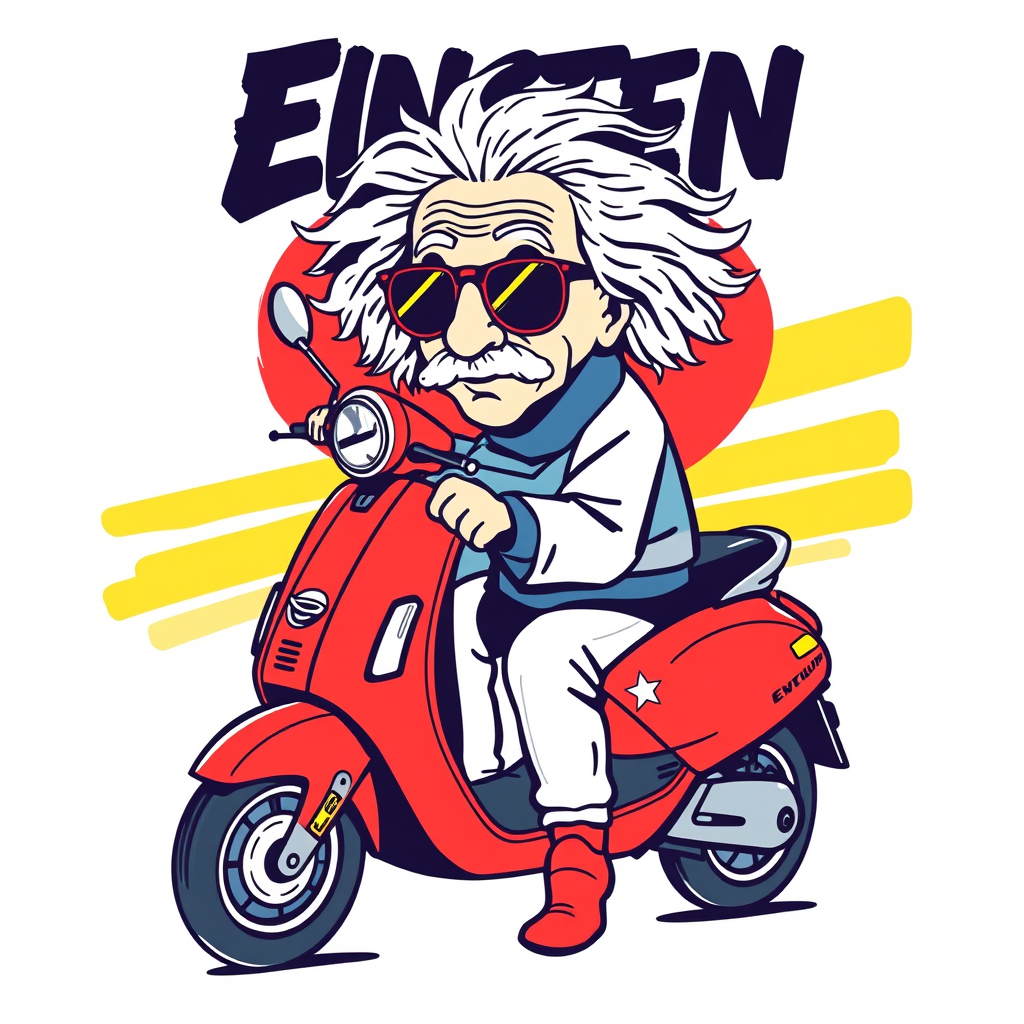 Main art studio: :::writing{variant=“standard” id=“68421”} Einstein in streetwear and sunglasses, electric scooter, bold line art, blue red yellow, modern editorial st