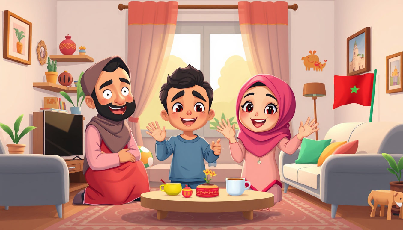 Main art studio: Create a colorful, high-quality 2D cartoon scene for children aged 5+. A loving Moroccan Muslim family lives in a cozy apartment in Spain. The family