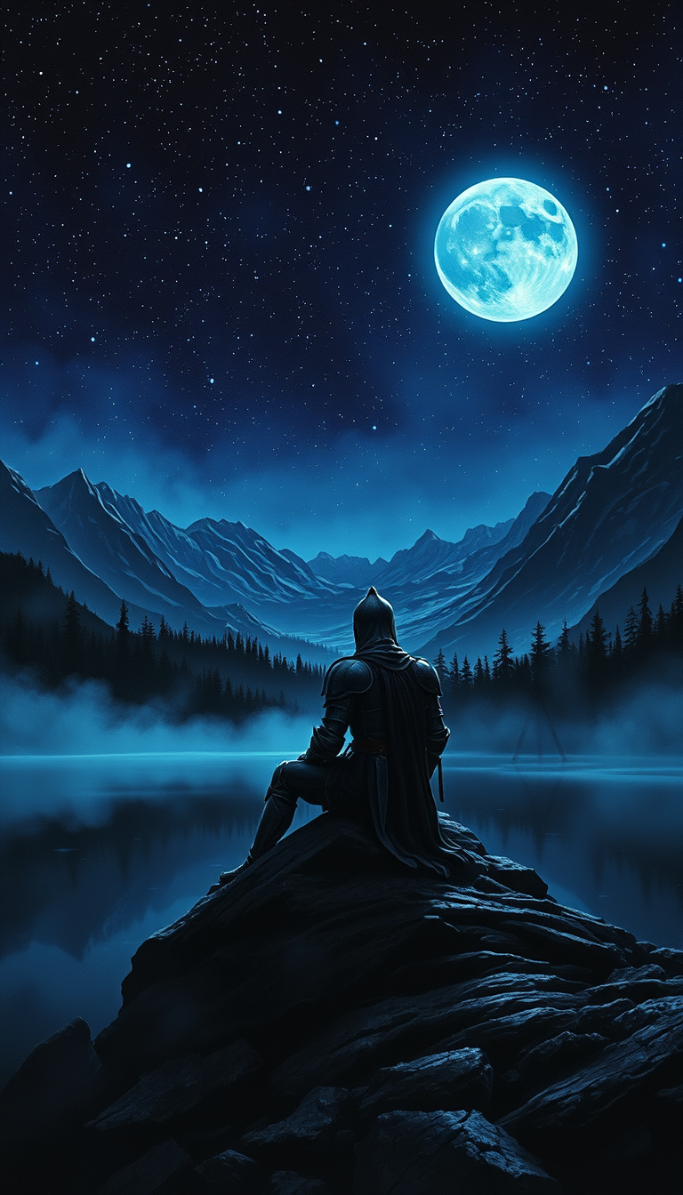 Main art studio: A lone medieval knight in dark weathered armor sits beside a black lake beneath a sky full of glowing stars. Ancient mountains and a shadowy pine fore