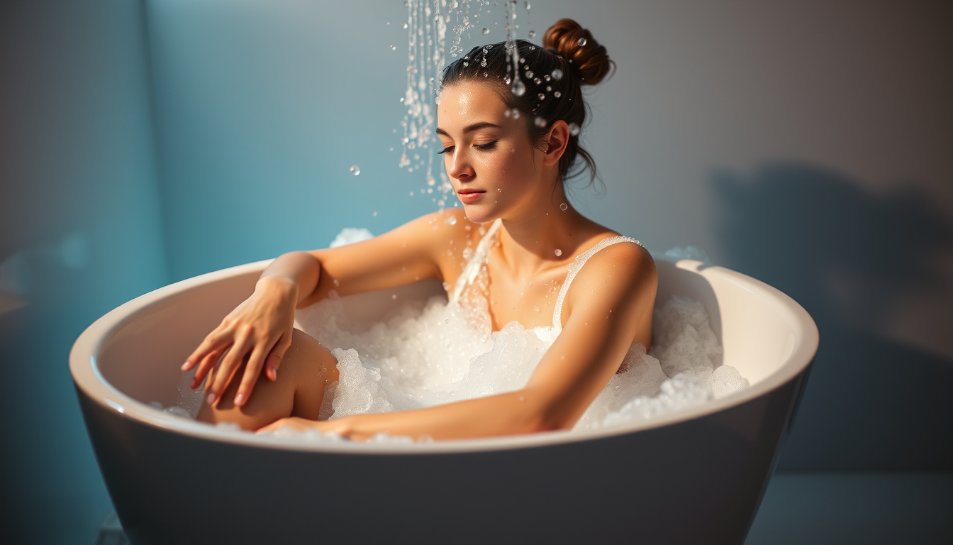 Main art studio: Make a image of a bathtub full of bubbles and foam and in the bathub let there but a girl taking a shower