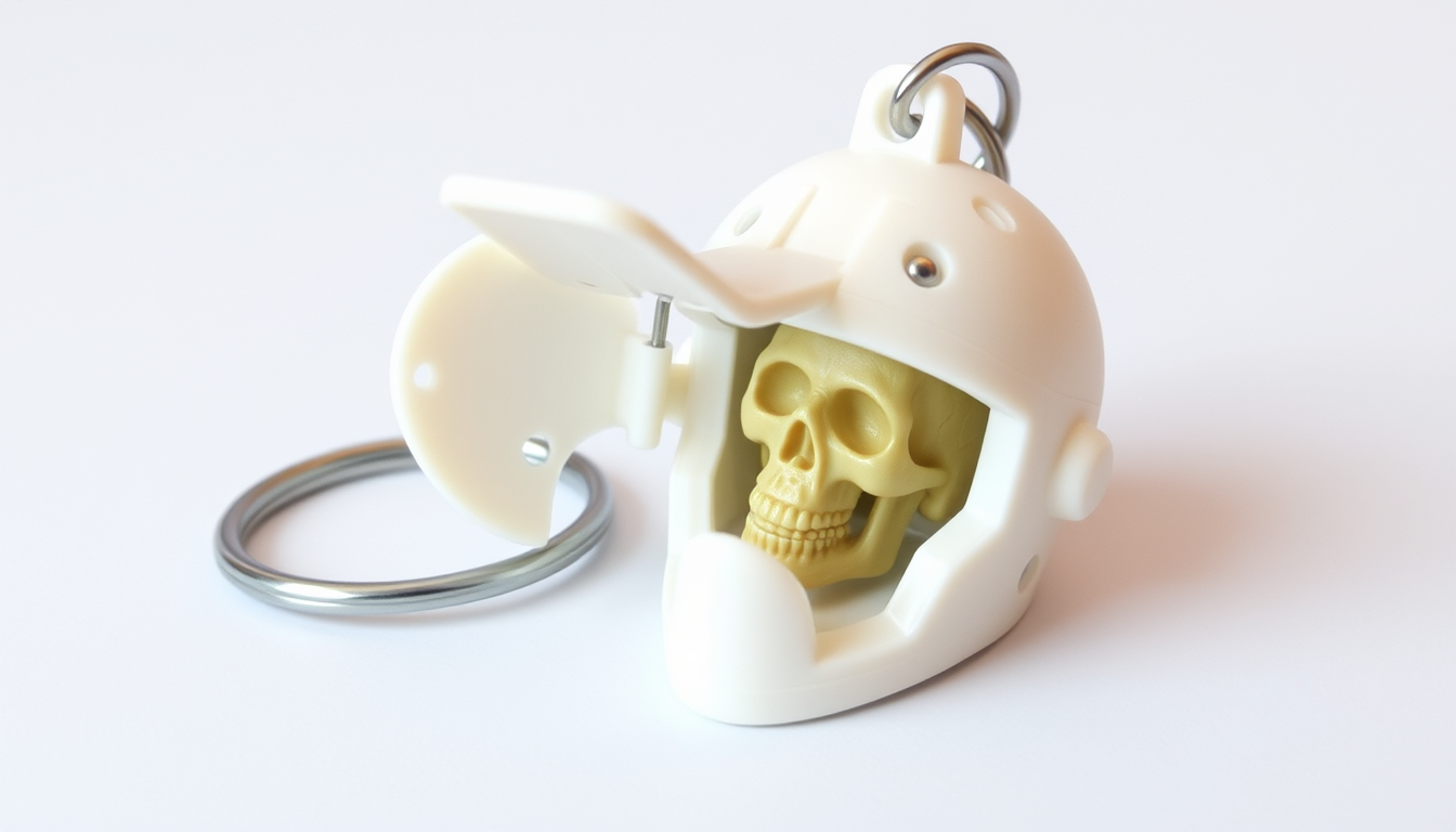 Main art studio: "3D printable miniature motorcycle helmet keychain, small full-face motorcycle helmet designed to hang from a key ring, hollow helmet shell with a rem