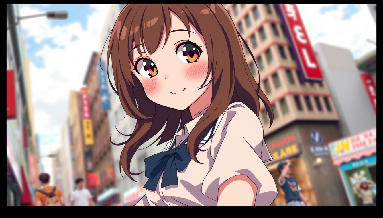 Photo To Anime idea created from the prompt: anime style portrait from the photo, cel shading, vibrant anime colors, expressive eyes, anime, a girl, smiling, looking at viewer, brown ha