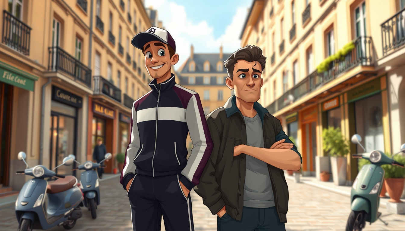 Main art studio: Two men standing in a French city courtyard. Man 1: 28 years old, wearing a tracksuit, sneakers and a cap, confident smile. Man 2: 30 years old, casua