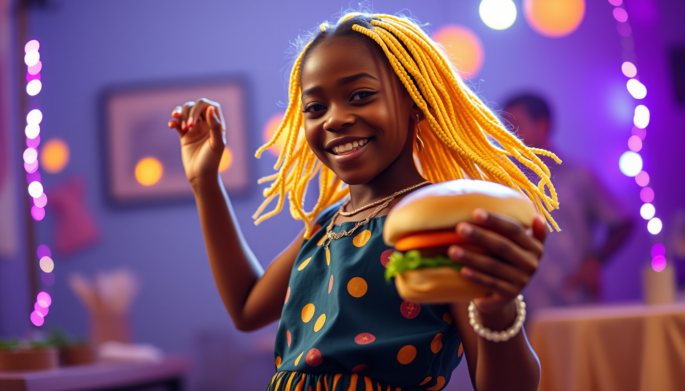 Main art studio: Som African girl dancing with e hamburger end yellow hair