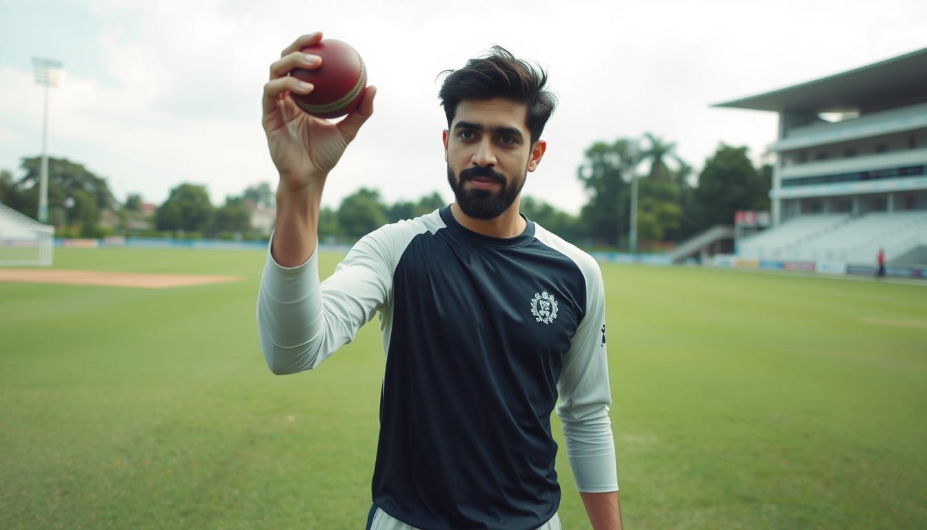 Main art studio: Haris Rauf standing on a cricket ground, naturally moving, looking at the camera, slowly raising the cricket ball, realistic body movement, cinematic