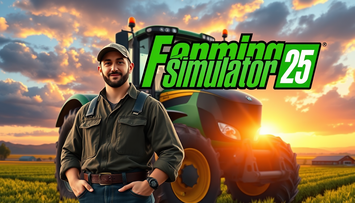 Main art studio: Professional gaming logo for a Farming Simulator 25 YouTube & TikTok channel. A powerful modern farmer wearing a cap and work clothes stands confident