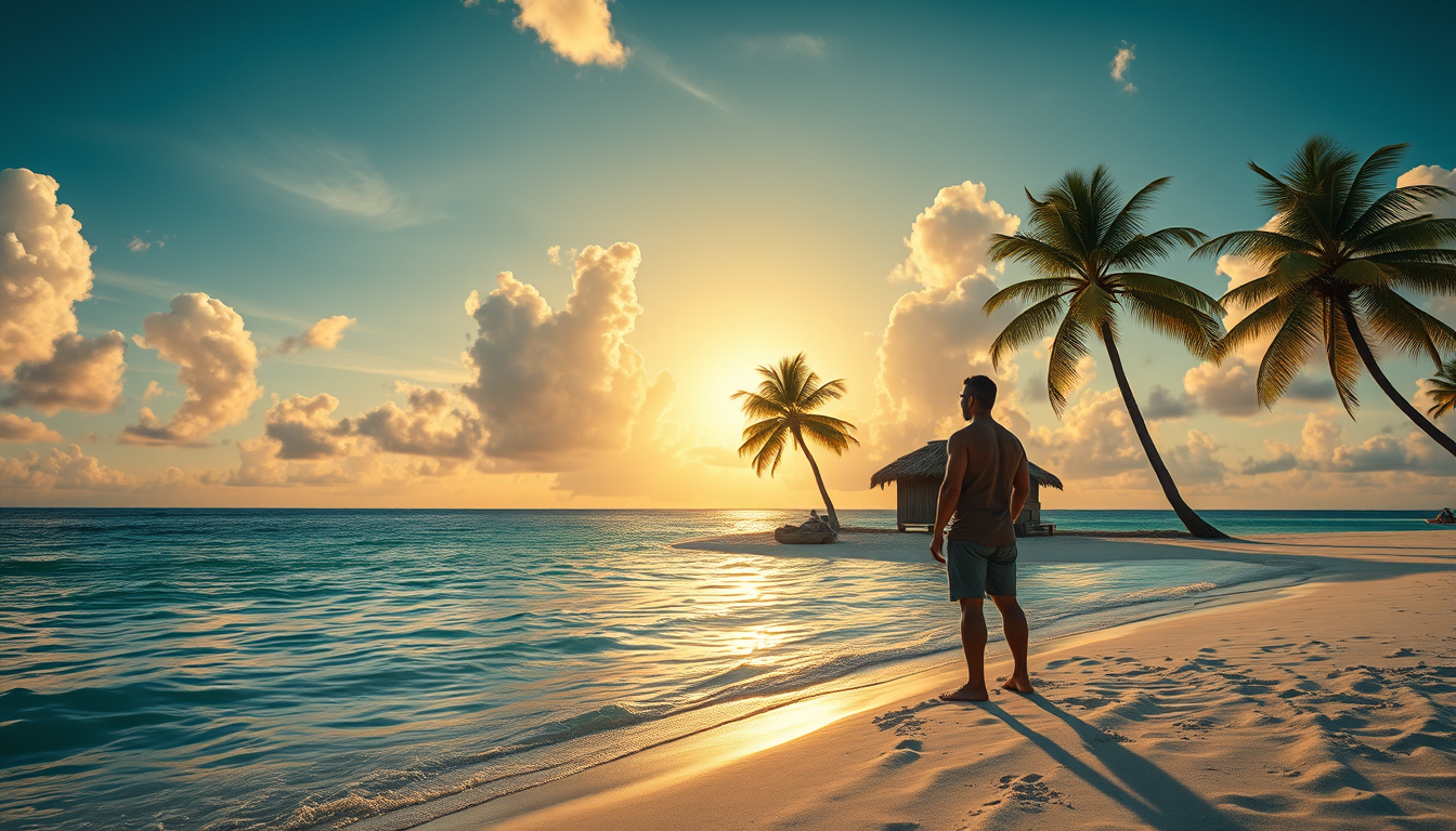 Main art studio: A cinematic realistic scene of a lonely man standing on a remote tropical deserted island in the South Pacific, surrounded by crystal-clear ocean, pal