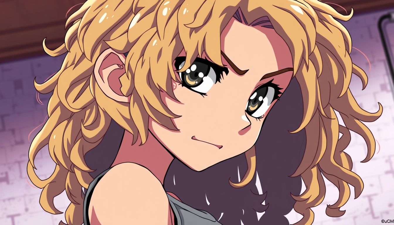 Anime idea: anime style, vibrant colors, expressive eyes, Tan dark dirty blonde long and curly hair side profile side eye mad face light gray tank top and shorts 