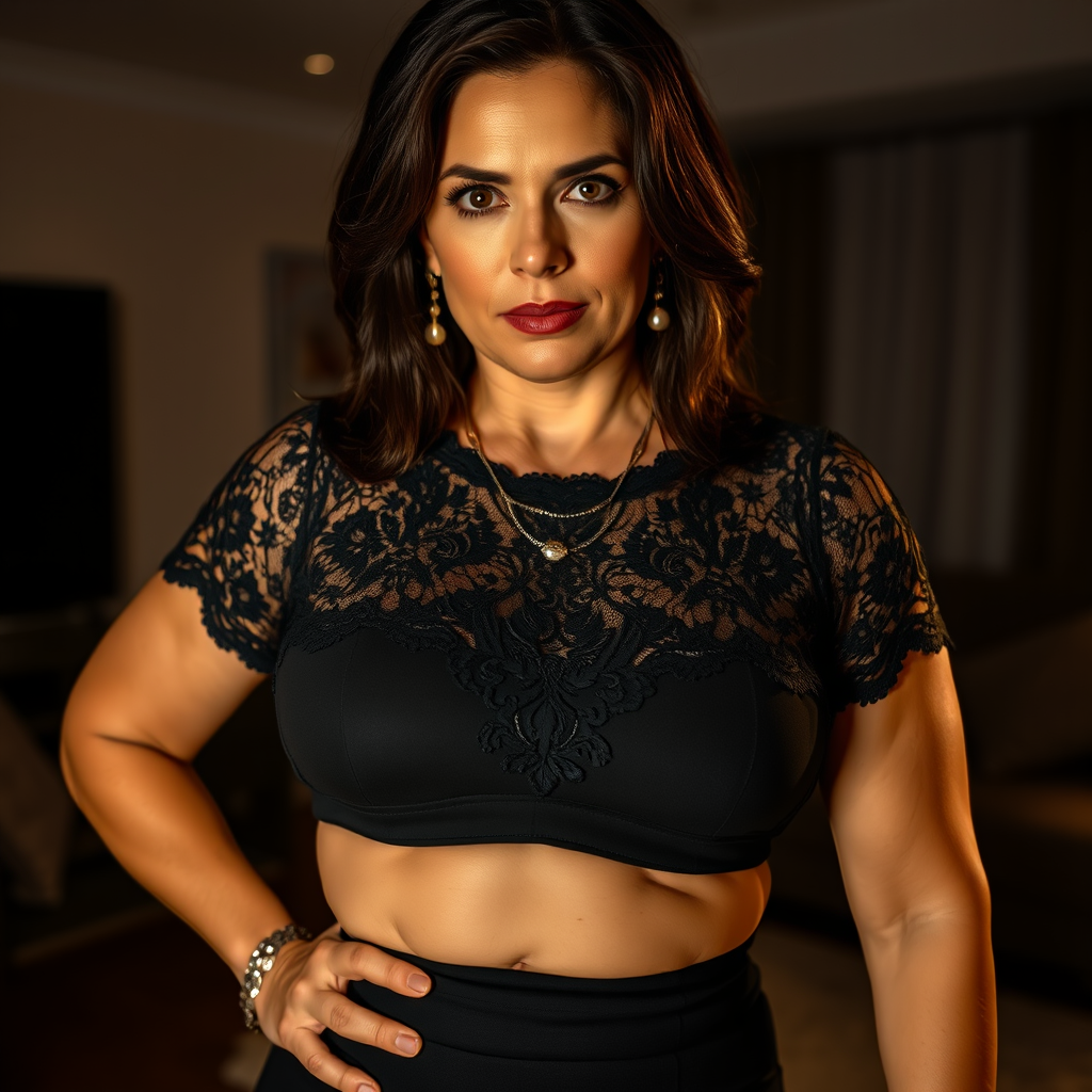 Main art studio: close up of an astonishingly beautiful serious woman around 44, muscular, curvy. She is wearing black lace top, white skin, shoulder length dark brown