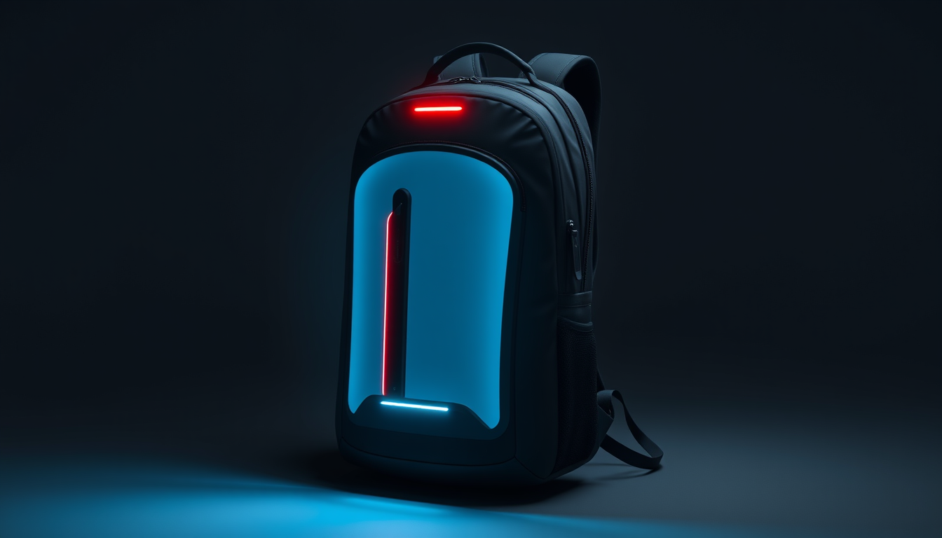 Main art studio: Hi, erstelle mir ein Bild von einem Smart Rucksack, welcher LED Licht, Sprachsteuerung, Ortung, mit dem Handy beidenen kann und modern ist. Bitte auf