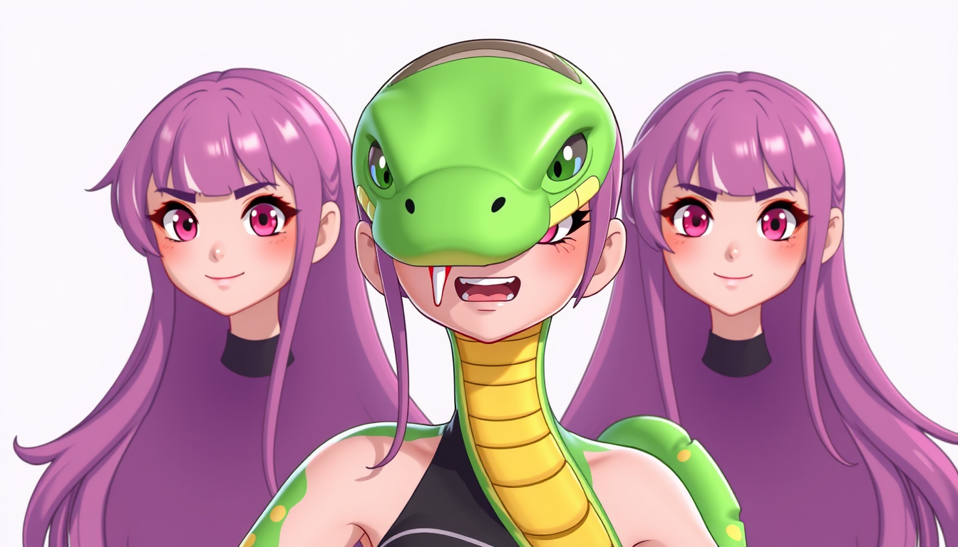 VTuber idea: vtuber avatar character, anime style, expressive face, streaming-ready design, snake girl 3d , clean vtuber model illustration